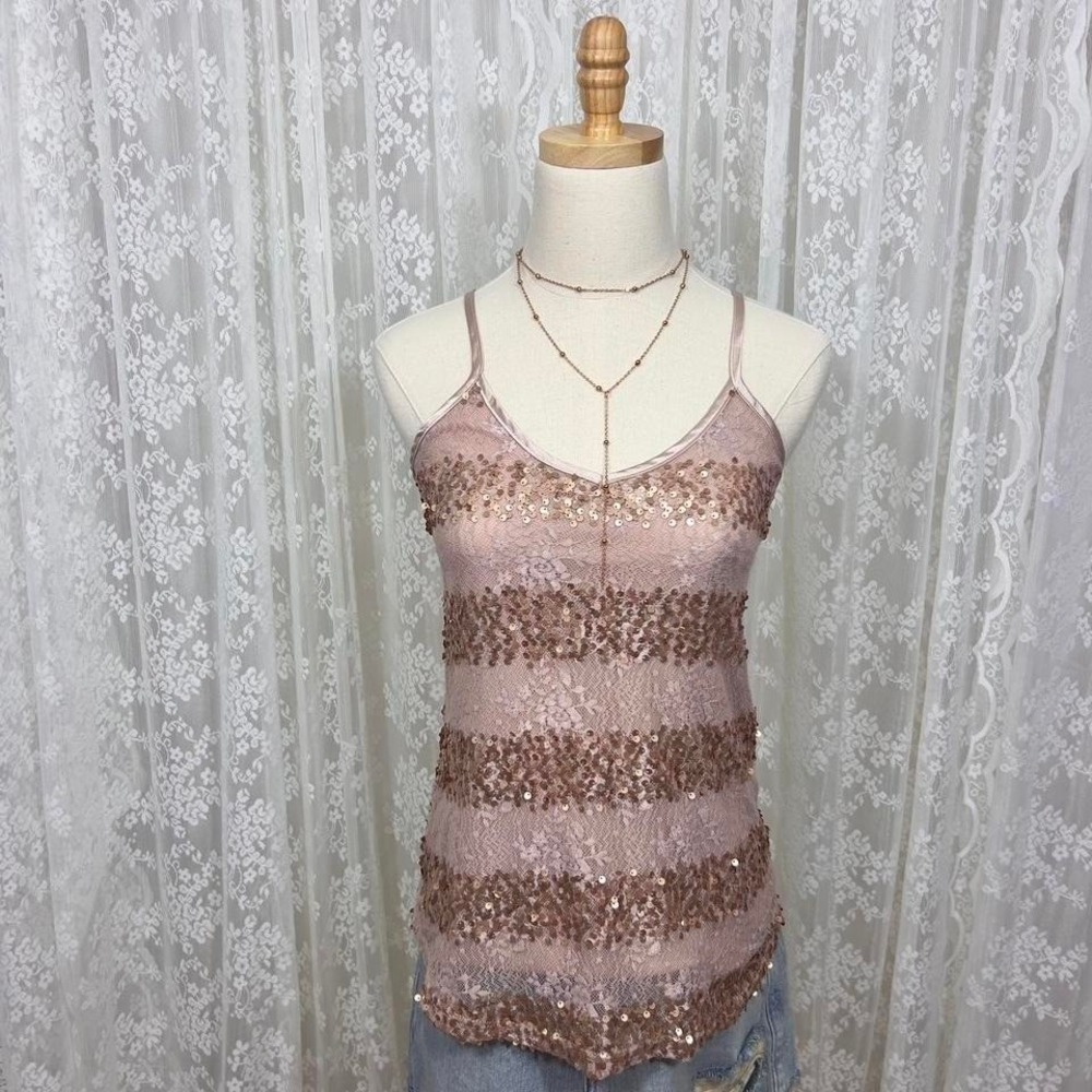 Y2K BKE Pink Sequin Striped Lace Tank Top Women's S Glam Rock Festival
